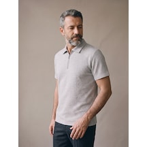 Maccali Erkek Gri Waffle Dokulu Fermuarlı Polo Yaka Tişört