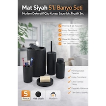 Siyah Çizgili 5 Parça Banyo Seti Çöp Kovası Tuvalet Fırçası Sabunluk Diş Fırçalık Diğer