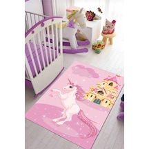 Pembe Kaymaz Tabanlı Yıkanabilir Unicorn Çocuk Halısı Kd123