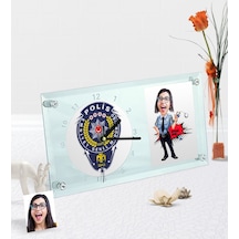 Kişiye Özel Bayan Polis Karikatürlü Masaüstü Cam Saat