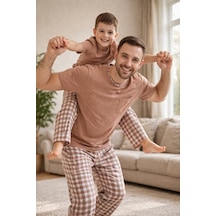 Rindahomewear Açık Kahverengi Kısa Kol Baba-oğul Cepli Pijama Takım Açık Kahverengi-80501