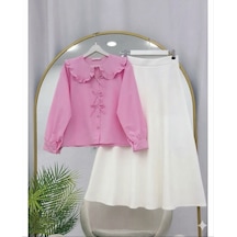 Lovie Moda Kadın Şal Yaka Gömlek Fiyonk Detaylı Etekli Takım - Pembe