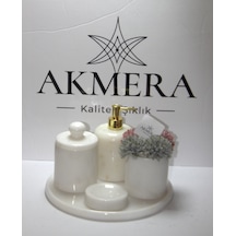 Mermer Kulplu Lüks 5 Parça Banyo Seti Altın - Beyaz