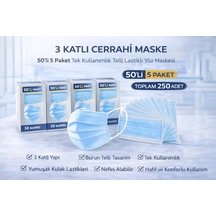 3 Katlı Cerrahi Maske 50'li 5 Paket Tek Kullanımlık Telli Lastikli Yüz Maskesi Toplam 250 Adet