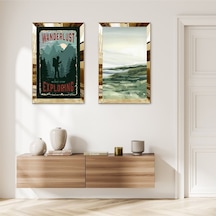 Gold Aynalı Pleksi Çerçeveli Modern Afiş Ve Yeşil Deniz Manzaralı Modern İkili Mdf Tablo Seti