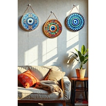 Nazar Boncuğu Kristal Mdf İpli Tablo Seti, 3 Lü Modern Duvar Dekoru, Salon, Oturma Odası, Ev İçin