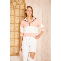 Kadın Uzun Kol Fermuarlı Polo Yaka Color Block Basic Salaş Sweatshirt Bluz 3471210 Pudra