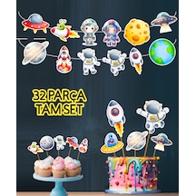 32 Parça Uzay Astronot Temalı Dev Set Doğum Günü Süsü, Banner Pasta Kürdanı Cupcake Süsü +0