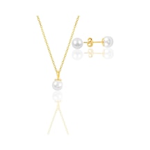 Gümüş Altın Yaldızlı İncili Kolye Ve Küpe İkili Set Gümüş Altın Yaldızlı İncili Kolye Ve Küpe İkili Set