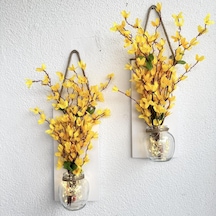 Led Işıklı, Sarı Sakura Çiçekli Duvar Dekoru Beyaz İkili Set Beyaz