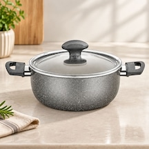 Granit Kaplamalı Derin Tencere 22 Cm Cam Kapak Açık Gri