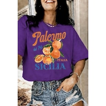 Palermo Sicilya Portakal Temalı Bisiklet Yaka Pamuklu Oversize T-shirt Mor