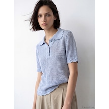 Lcw Comfort Mavi Polo Yaka Ajurlu Kadın Triko Kazak
