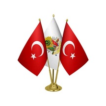 Masa Üstü Osmanlı Arması Bayrağı Türk Bayrağı Üçlü Pirinç Direk M
