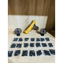 Gold Renk Boncuklu Oyuncak Tabanca 1 Adet + 2 Adet Hedef 9 Cm Siyah + 21 Paket Boncuk Karışık