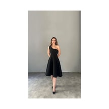 Rabia Çelik Kadın Siyah Omuzu Kurdele Detaylı Midi Elbise Siyah Siyah