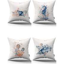 Mavi Turuncu Marin Desenli 4'lü Dijital Baskılı Kırlent Kılıfı Seti 4kmbs279 Mavi