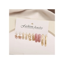 Pinkfly Akrilik Ve Incili Altın Gold Halka Çoklu Küpe Seti - 14 Şubat Sevgiliye Hediye Su Yeşili