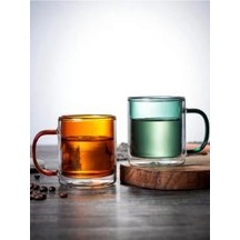 Linanware 2'li Çift Çidarlı Borosilikat Cam Nostaljik Kahverengi Yeşil Kupa Bardak 350ml Dsg-26