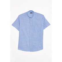 Erkek Regular Fit Klasik Kesim Oversize %100 Pamuk Keten Doku Tek Cepli Çizgili Kısa Kollu Mavi Gömlek-42412 Mavi
