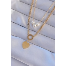 316l Çelik Gold Renk Çift Zincir İnci Detayı Love Kalp Kolye Çok Renkli