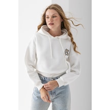 Kadın Kapüşonlu Ayıcık Nakışlı 3ip Crop Sweatshirt Beyaz - 2668 Beyaz Kadın Kapüşonlu Ayıcık Nakışlı 3ip Crop Sweatshirt Beyaz - 2668 Beyaz