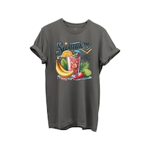 Summer Vibes Yazılı Meyve Kokteyli Ve Tropik Desenli %100 Pamuk Regular Fit Unisex T-shirt Gri