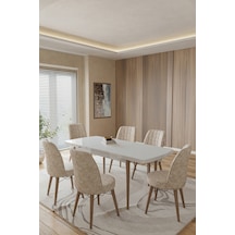 Toce Home Leva 80x130 Açılabilir Beyaz Masa Yemek Odası Takımı Mutfak Takımı 6 Adet Sandalye Bej