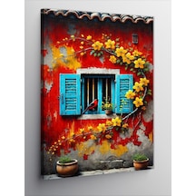 Kanvas Tablo Mavi Pencere Ve Çiçekler 50cmx70cm