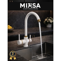 Beyaz-gold Baston Borulu 3 Girişli Arıtmalı Mutfak Eviye Bataryası Musluğu