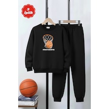 Fyk Kids 3 İplik Kalın Yuvarlak Yaka Basketbol Potası Baskı Detaylı Kışlık Erkek Çocuk Eşofman Takımı Siyah