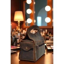 Deri Makyaj Ve Takı Çantası Koyu Kahverengi