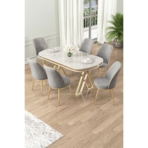 Canisa Lai Serisi 90x168 Lak Panel Beyaz Mermer Desen Gold Ayak Masa Takımı 6 Gri Sandalye Beyaz Mermer Desen Masa Gri Sandalye
