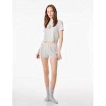 Koton Kısa Kollu Bisiklet Yaka Ayıcık Detaylı Şortlu Pijama Takımı Gri Melanj 6slk40143mk