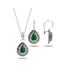 Gümüş Kök Zümrüt Taşlı Oksitli Telkari İşlemeli Damla Kolye Ve Küpe İkili Set Barcode Beyaz