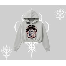 Stay Curious Kedi Baskılı Kapşonlu Crop Sweatshirt Gri