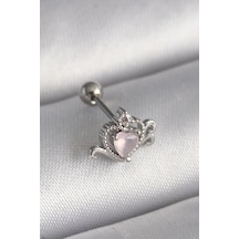 316l Çelik Gümüş Renk Pembe Mineli Kalp Zirkon Taş Detay Tragus Piercing 5886 Çok Renkli