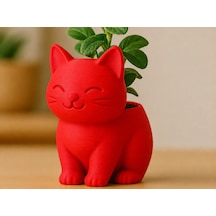 3d Baskı Sevimli Kedi Saksı - Figürlü Sukulent Saksısı-kırmızı