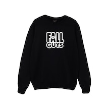 Unisex Siyah Fall Guys Oyun Baskılı Bisiklet Yaka Sweatshirt Siyah