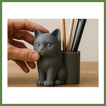 Bezos 3d Baskı Kedi Figürlü Kalemlik - Masaüstü Organizer - Gri Hb006