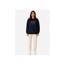 Herkesemoda Bloom Baskı Detaylı Şardonlu 2 İplik Bisiklet Yaka Sweatshirt Lacivert