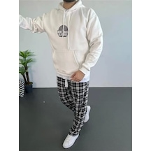 Erkek Baskılı Üç İplik Kapüşonlu Oversize Sweatshirt - Beyaz Beyaz