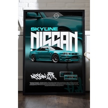 Nissan Gt-r Skyline Siyah Ahşap Çerçeveli Poster, Dekoratif Araba Duvar Tablosu