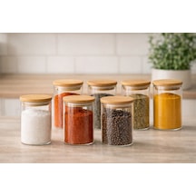 Nokka Cam Baharat Kavanozu Bambu Kapaklı 200 Ml 6,5x8 Cm Minimal Mutfak Saklama Kabı Şeffaf