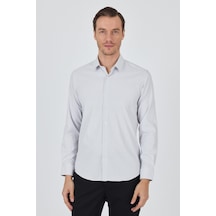 İmza Beyaz-gri Sert Yaka Cepsiz Gabardin Uzun Kol Slim Fit Esnek Gömlek 1004250232 Beyaz-gri