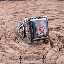 İpek Silver 925 Ayar Gümüş Sıkma Kehribar Taşlı Çift Başlı Zülfikar Desenli Erkek Yüzük Apy101