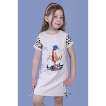 Toontoy Kız Çocuk Baskılı Regular Fit Bisiklet Yaka Kısa Kollu Elbise - Garni & Bağcık Detaylı Bej