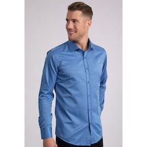 Tudors Modern Slim Fit Düz Saten Erkek Gömlek-23052 Mavi