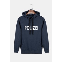 Unisex İndigo Kapüşonlu Polizei Baskılı Slim Fit Kanguru Cepli Sweatshirt Indigo