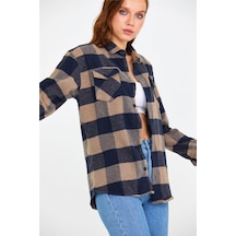 Tarz Cool Kadın Kahverengi-siyah Slim Fit Cepli Ekoseli Oduncu Gömlek-kkkodg001r04s Kahverengi-siyah